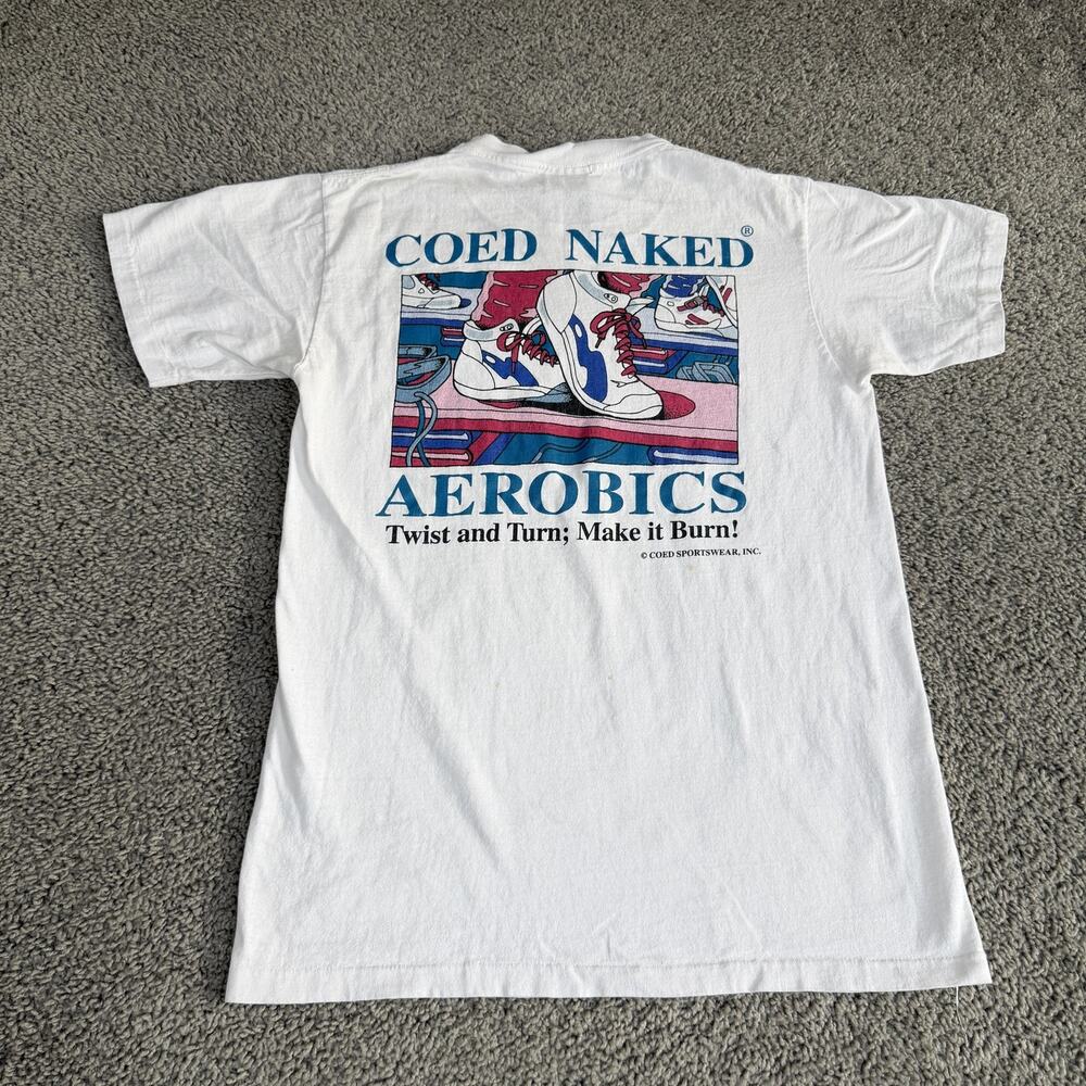 Vintage Coed Naked Shirt Mens Medium White Aerobics Graphic Tee Top 90s USA
